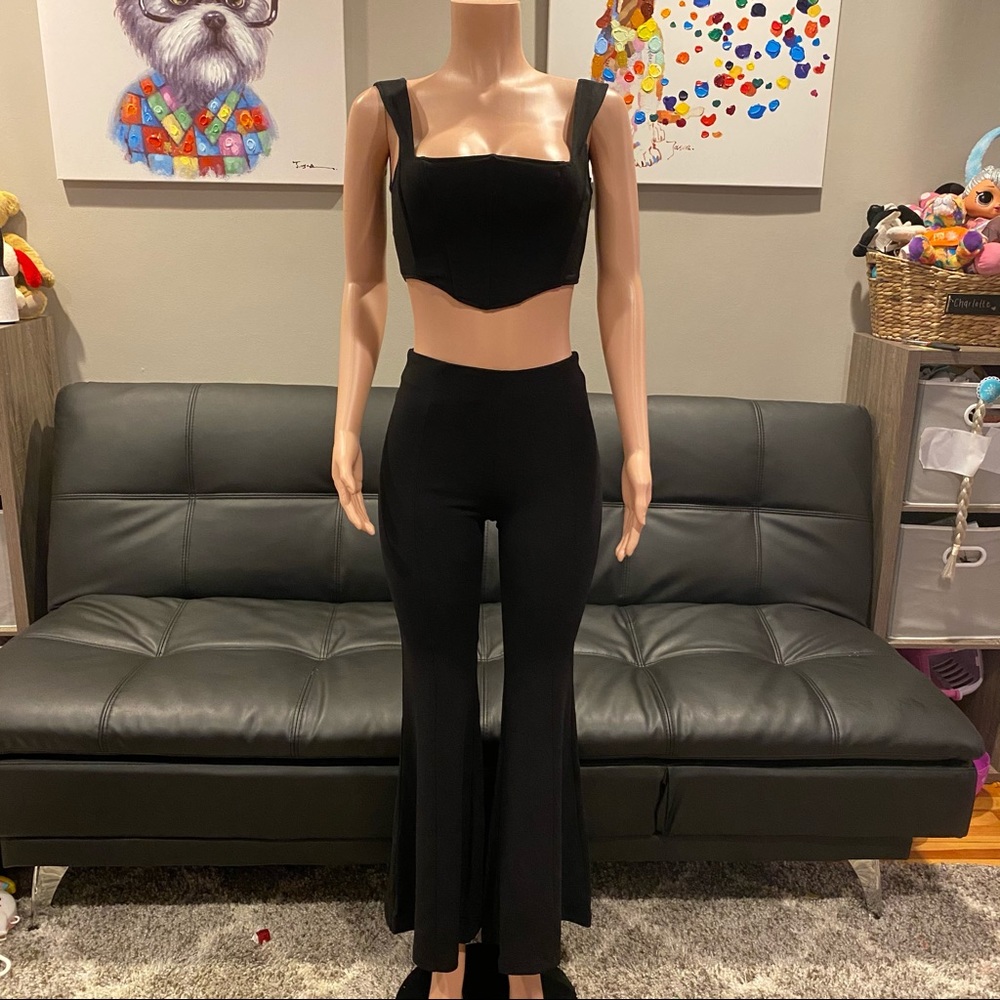 Two piece black corset flare pant set
